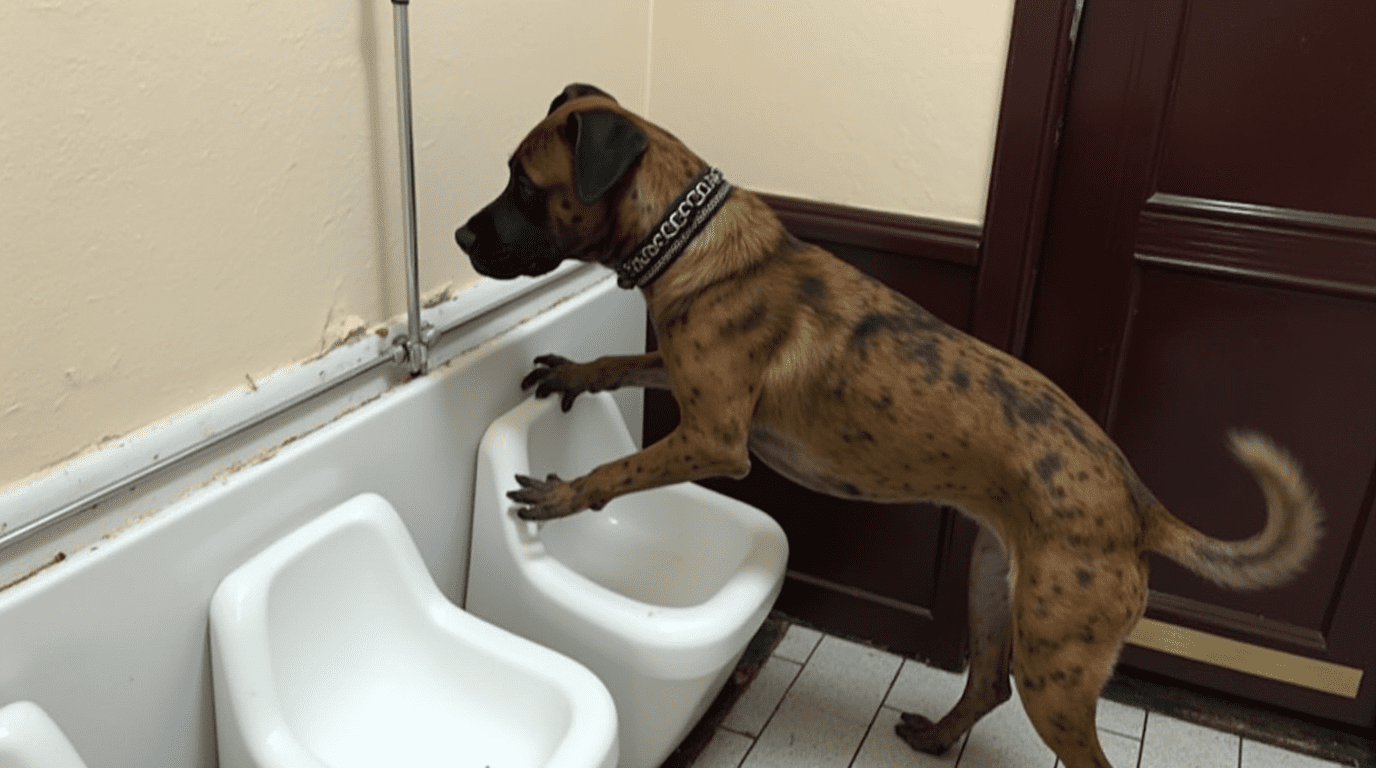Hilarisch moment als hond van pubbaas naast klant gaat staan en urinoir gebruikt