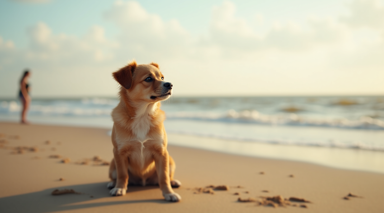 Vrouw ziet hondje op strand dat de hele tijd naar de zee tuurt