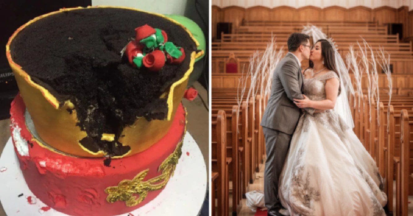 Bruid is er helemaal kapot van als ze ontdekt dat bruidstaart van piepschuim is gemaakt