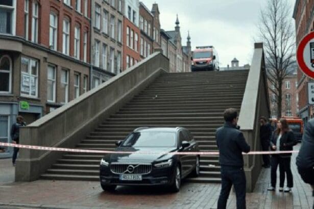 Automobilist neemt verkeerde afslag en rijdt trap helemaal af