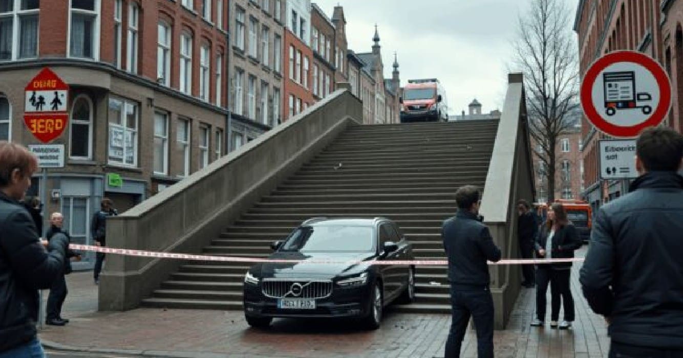 Automobilist neemt verkeerde afslag en rijdt trap helemaal af
