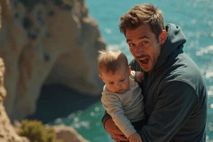 Vader bungelt kindje boven steile afgrond om foto te nemen