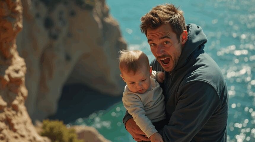 Vader bungelt kindje boven steile afgrond om foto te nemen