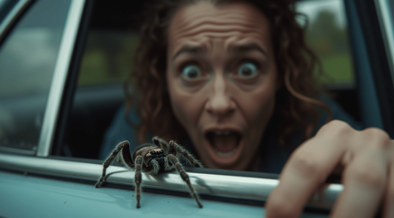 Vrouw vertikt het auto in te stappen als ze enorme spin in portiergreep aantreft