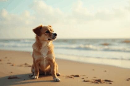 Vrouw ziet hondje op strand dat de hele tijd naar de zee tuurt