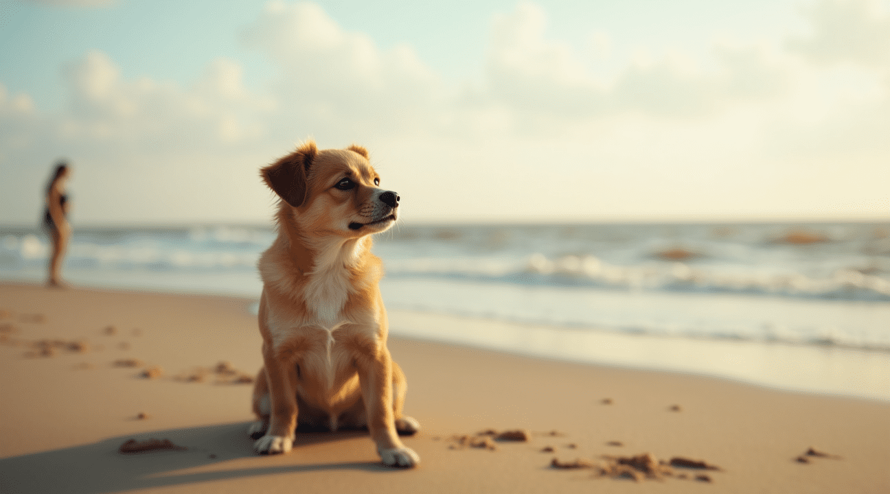 Vrouw ziet hondje op strand dat de hele tijd naar de zee tuurt