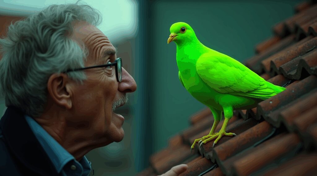 Mysterieuze fel-groene duif in dorpje zorgt voor veel bekijks én zorgen