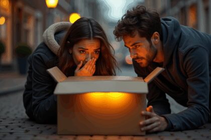 Stelletje ziet afgesloten doos op straat, Openen het en redden leven