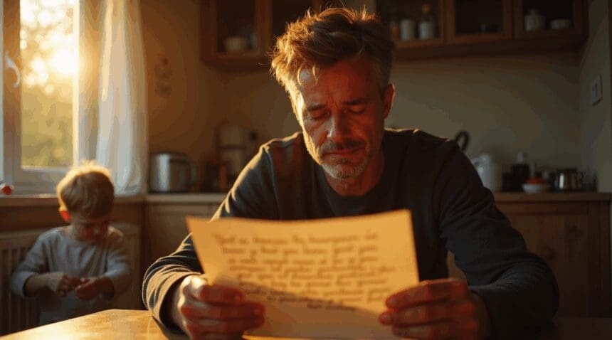 Zijn vrouw vertrekt en laat hem met hun zoon achter. Na 2 dagen ontvangt zij deze brief