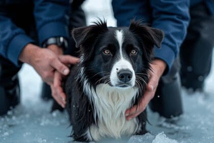 blinde bordercollie door agenten uit ijskoude vijver gered