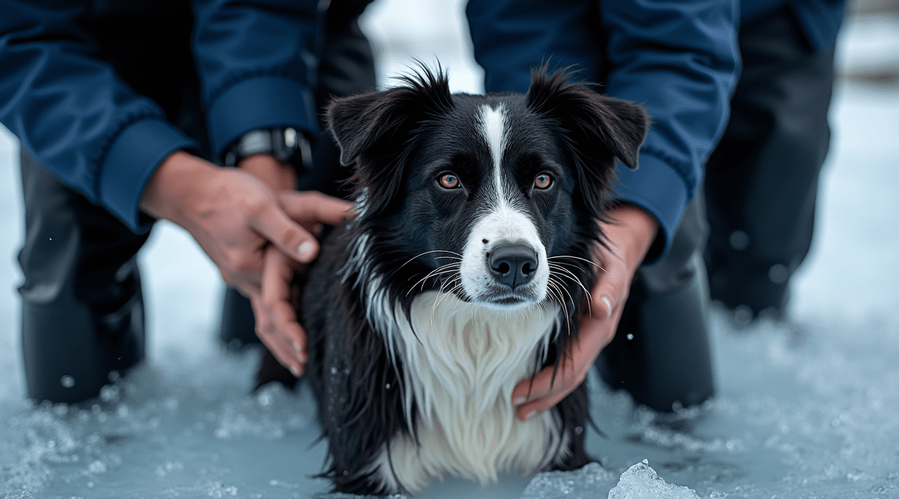 blinde bordercollie door agenten uit ijskoude vijver gered