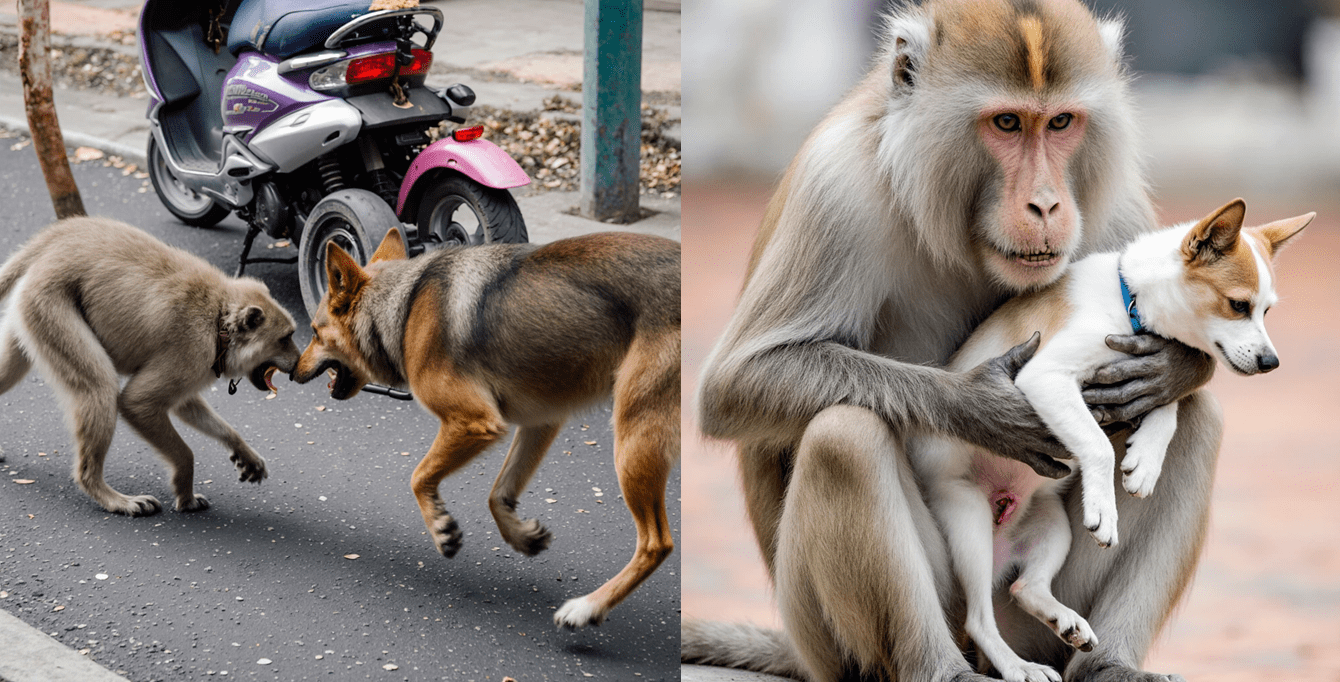 Pup werd aangevallen door zwerfhond. Wat de aap toen deed ontroert duizenden mensen over de hele wereld