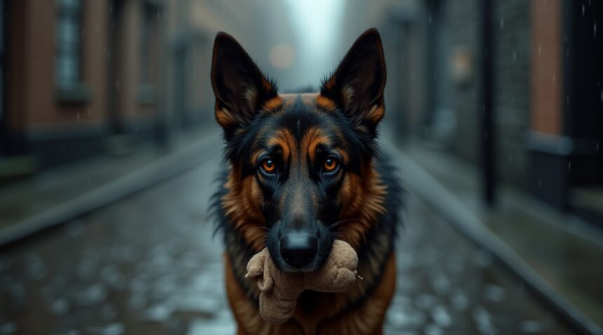 duitse herder zwerft over regenachtige straten met alleen haar speeltje als troost