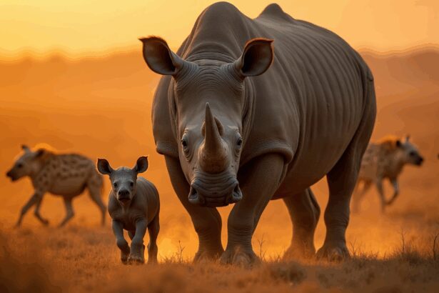 mama neushoorn beschermt haar kalfje tegen hyenas