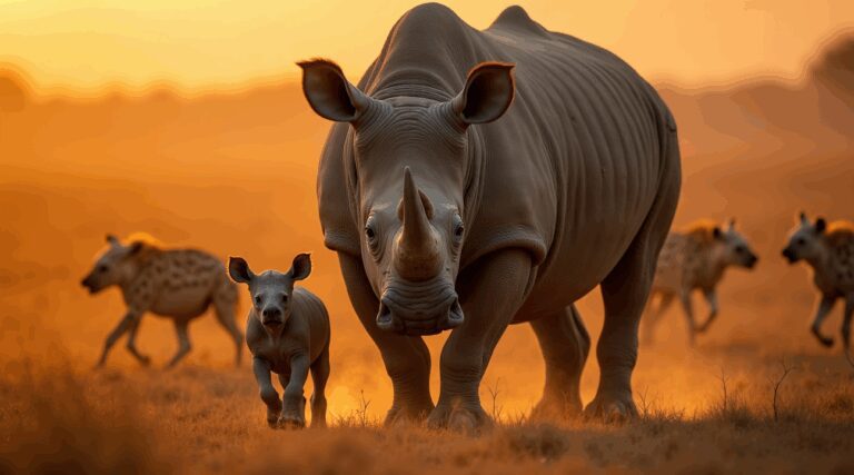 mama neushoorn beschermt haar kalfje tegen hyenas