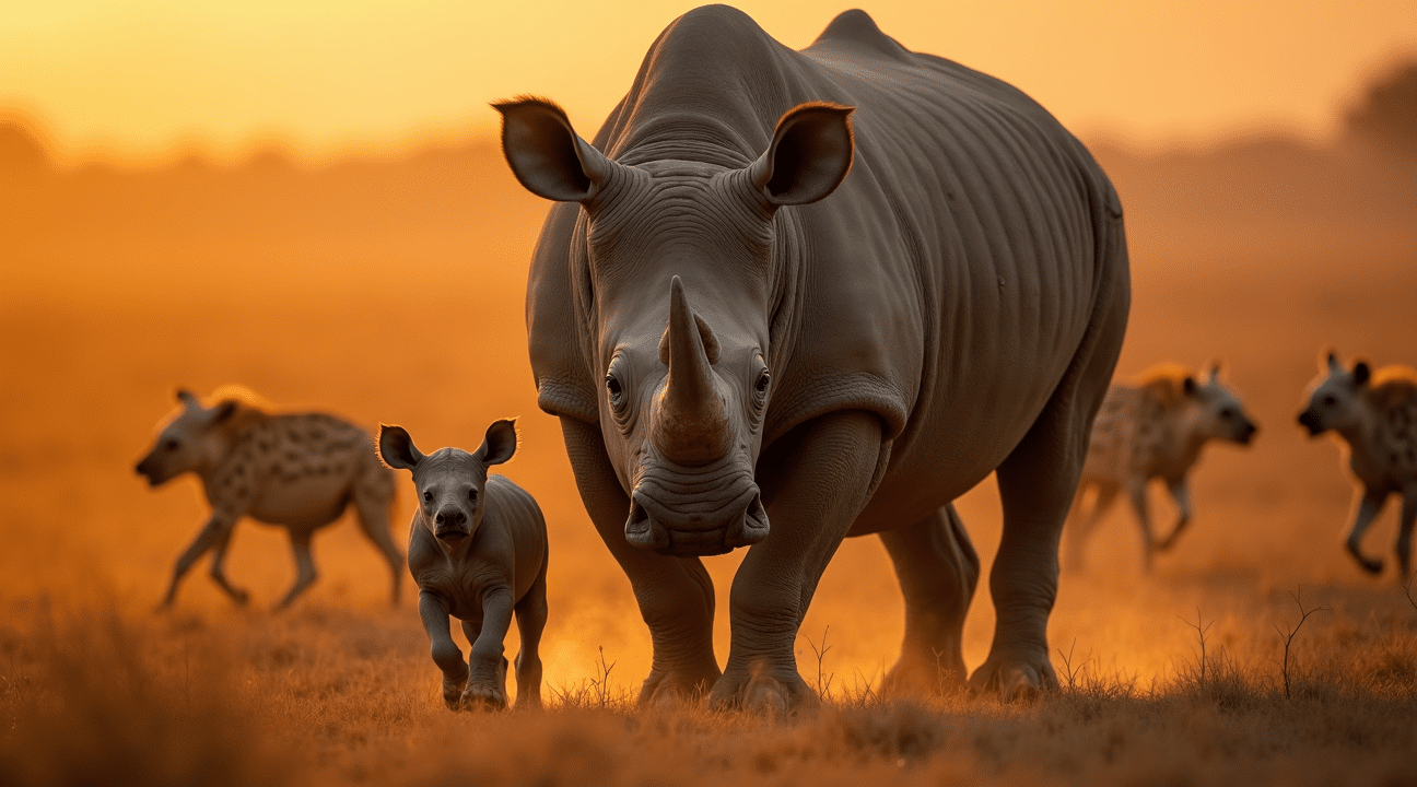 mama neushoorn beschermt haar kalfje tegen hyenas