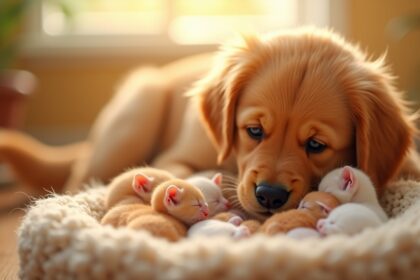 prachtig golden retriever komt voor het eerst in aanraking met nestje pasgeboren kittens