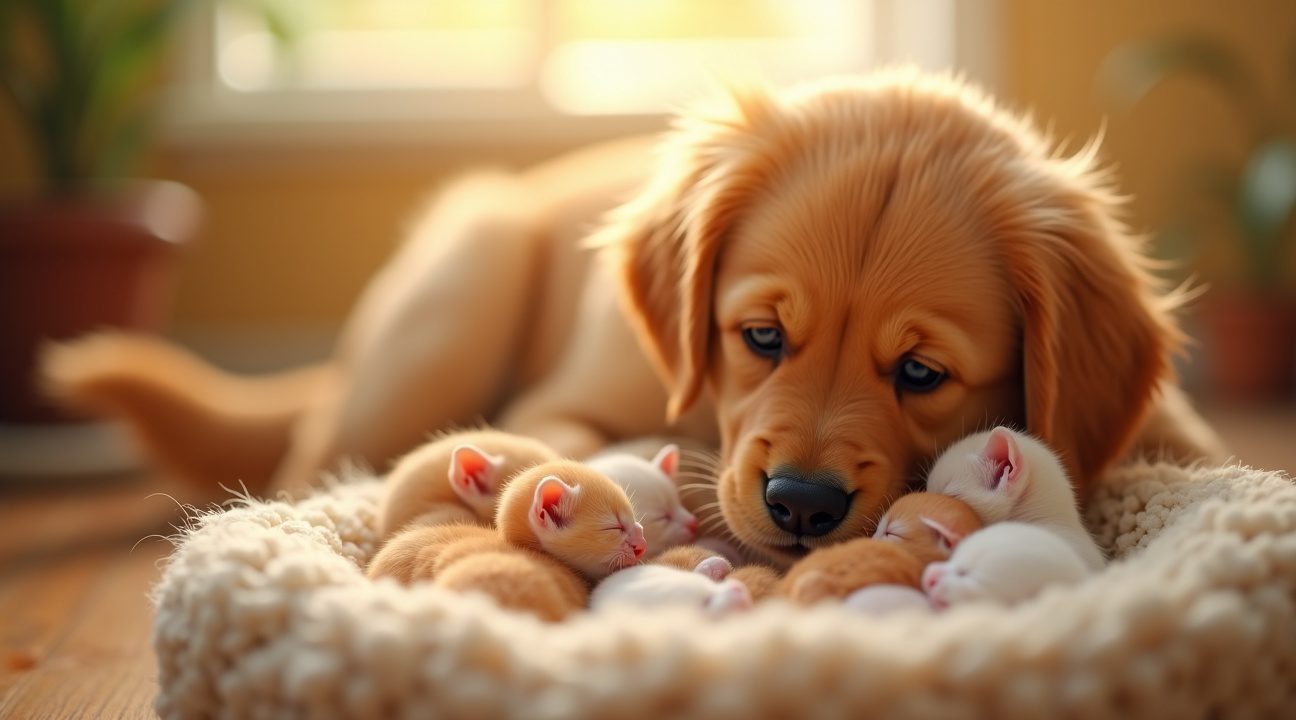 prachtig golden retriever komt voor het eerst in aanraking met nestje pasgeboren kittens