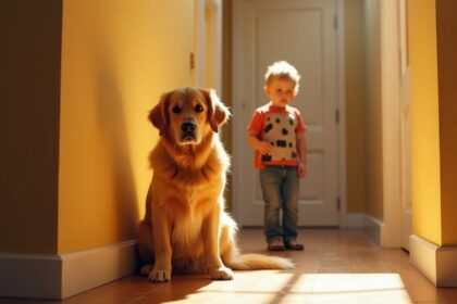 Hond besluit jongetje te steunen als hij voor straf op de gang moet staan