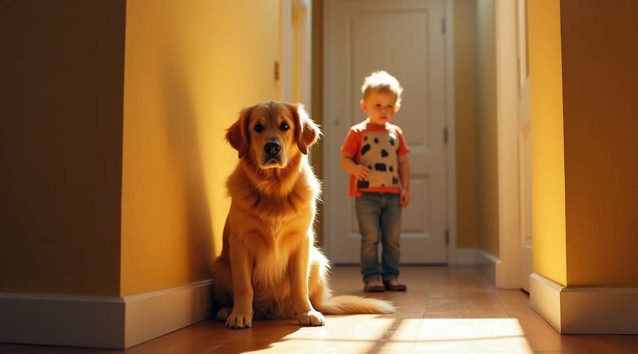 Hond besluit jongetje te steunen als hij voor straf op de gang moet staan