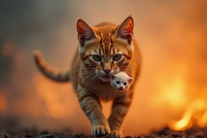 Poes rent verschillende keren door vuurzee om haar vijf kittens te redden