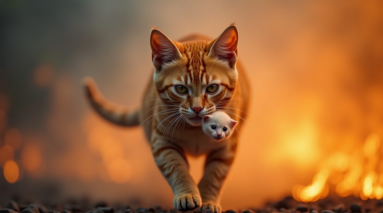 Poes rent verschillende keren door vuurzee om haar vijf kittens te redden