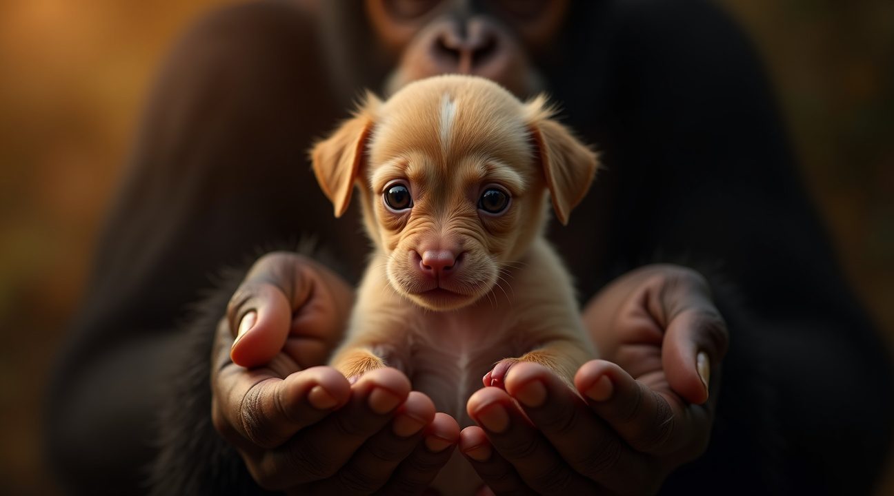 Stervende pup wordt op nippertje gered met hulp van zorgzame chimpansees
