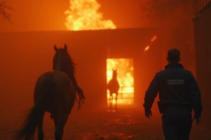 agenten rennen brandende stal binnen en weigeren doodsbang paard alleen achter te laten