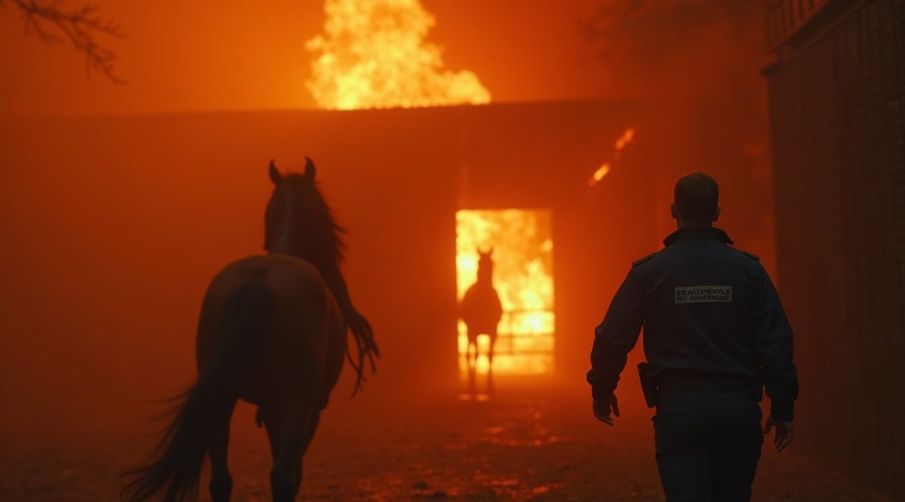 agenten rennen brandende stal binnen en weigeren doodsbang paard alleen achter te laten