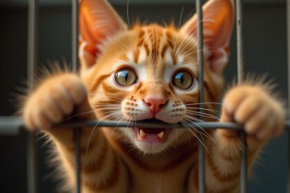 asielkat steekt pootjes uit om iedereen die voorbijkomt de hand vast te houden