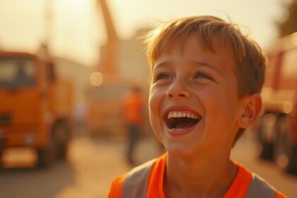 bouwvakkers verblijden jongetje door speelgoedtruck met aarde van graafmachine te vullen