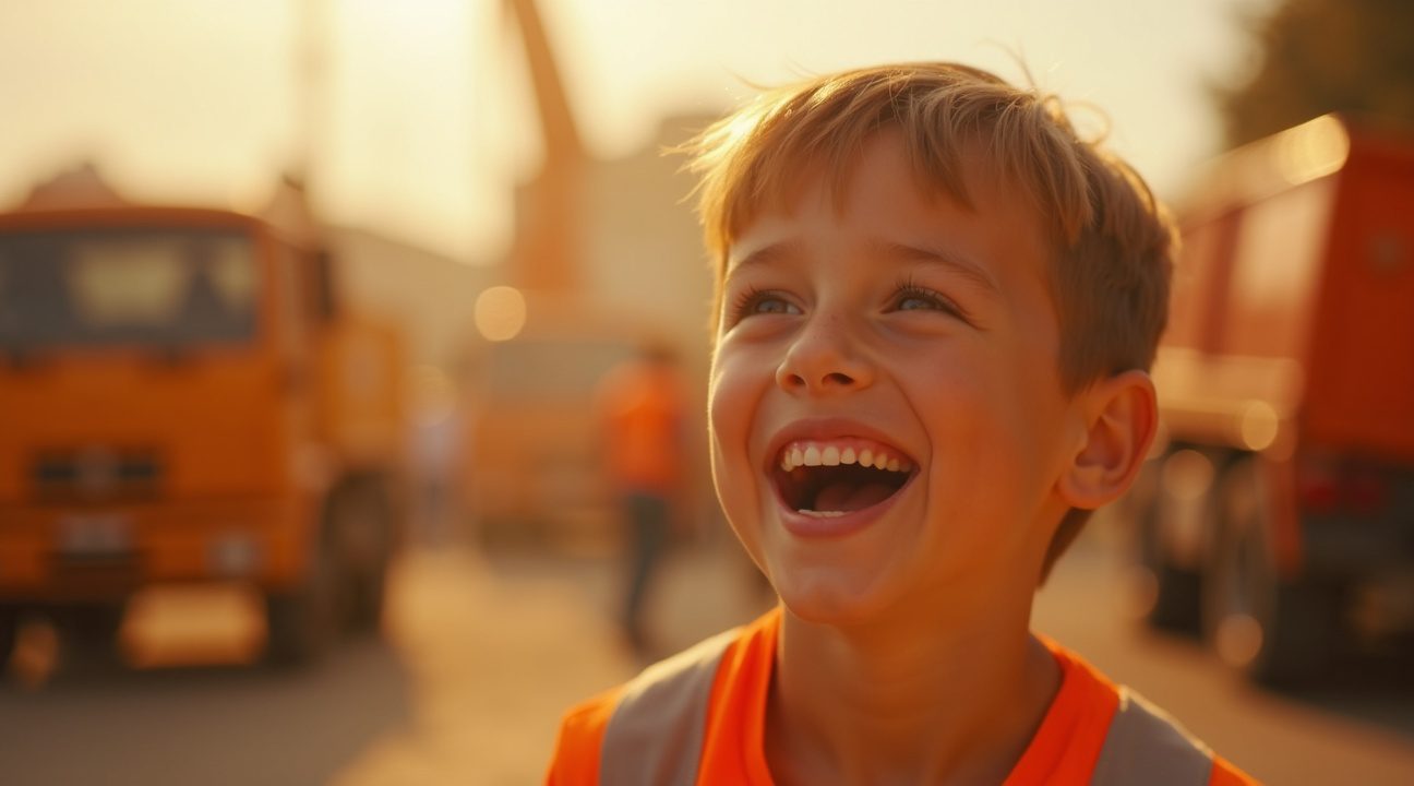 bouwvakkers verblijden jongetje door speelgoedtruck met aarde van graafmachine te vullen