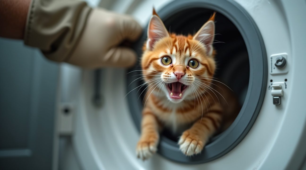 brandweer redt pislinke kat die vastzit in wasmachine van vreemde