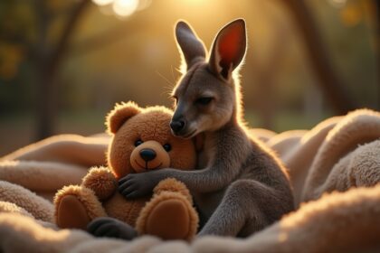 Verweesde baby kangoeroe knuffelt zijn nieuwe beste vriendje