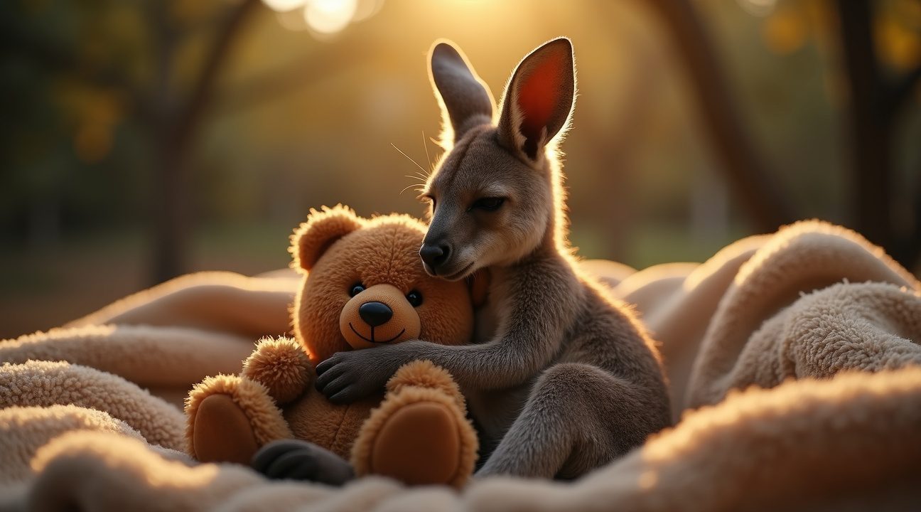 Verweesde baby kangoeroe knuffelt zijn nieuwe beste vriendje