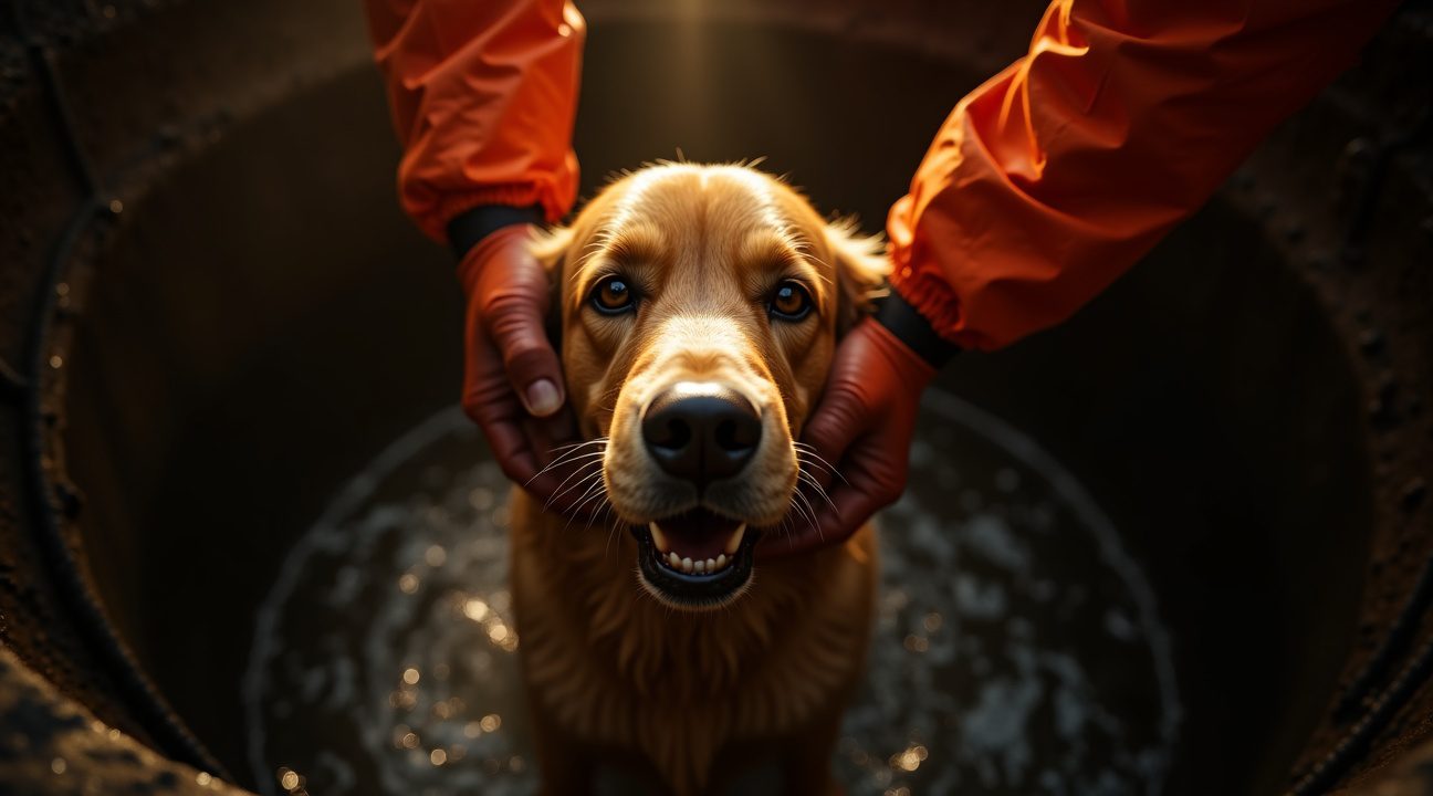dramatische redding van hond die vier dagen in riool vastzat