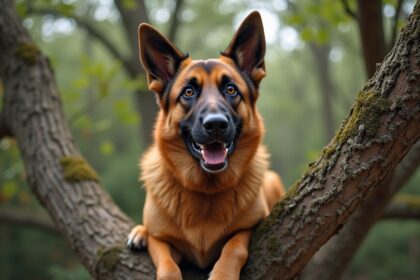 duitse herder achtervolgt kat zo bezeten dat hij zonder te beseffen boven in boom vast blijft zitten