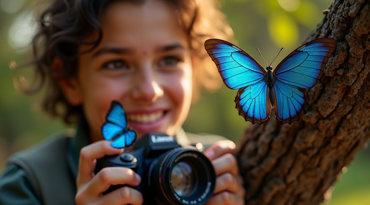 fotograaf legt schoonheid van blauwe vlinders op boom vast