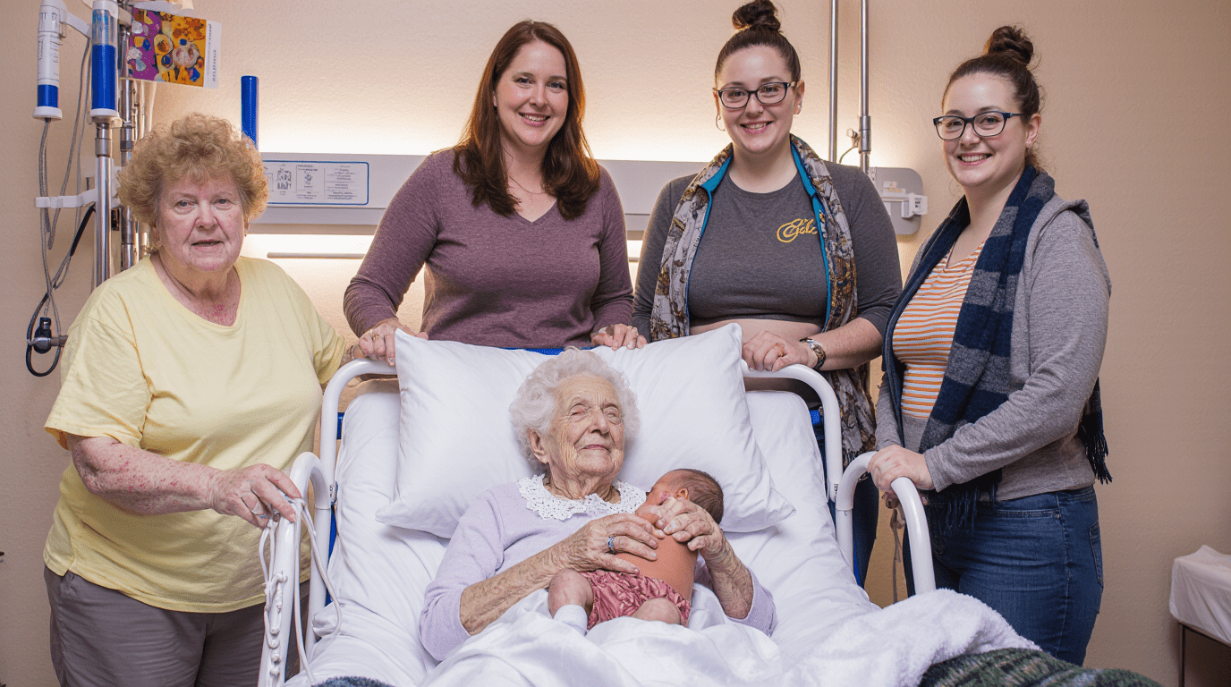 Vrouw 98 met 234 achterachterkleinkinderen ontmoet voor het eerst haar achterachterachterkleindochter