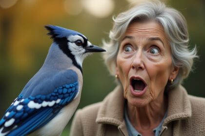 gewiekste gaai leert miauwen nadat hij vrouw katten eten zag geven