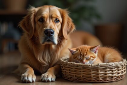 golden retriever is ontdaan als kitten in zijn mandje ligt