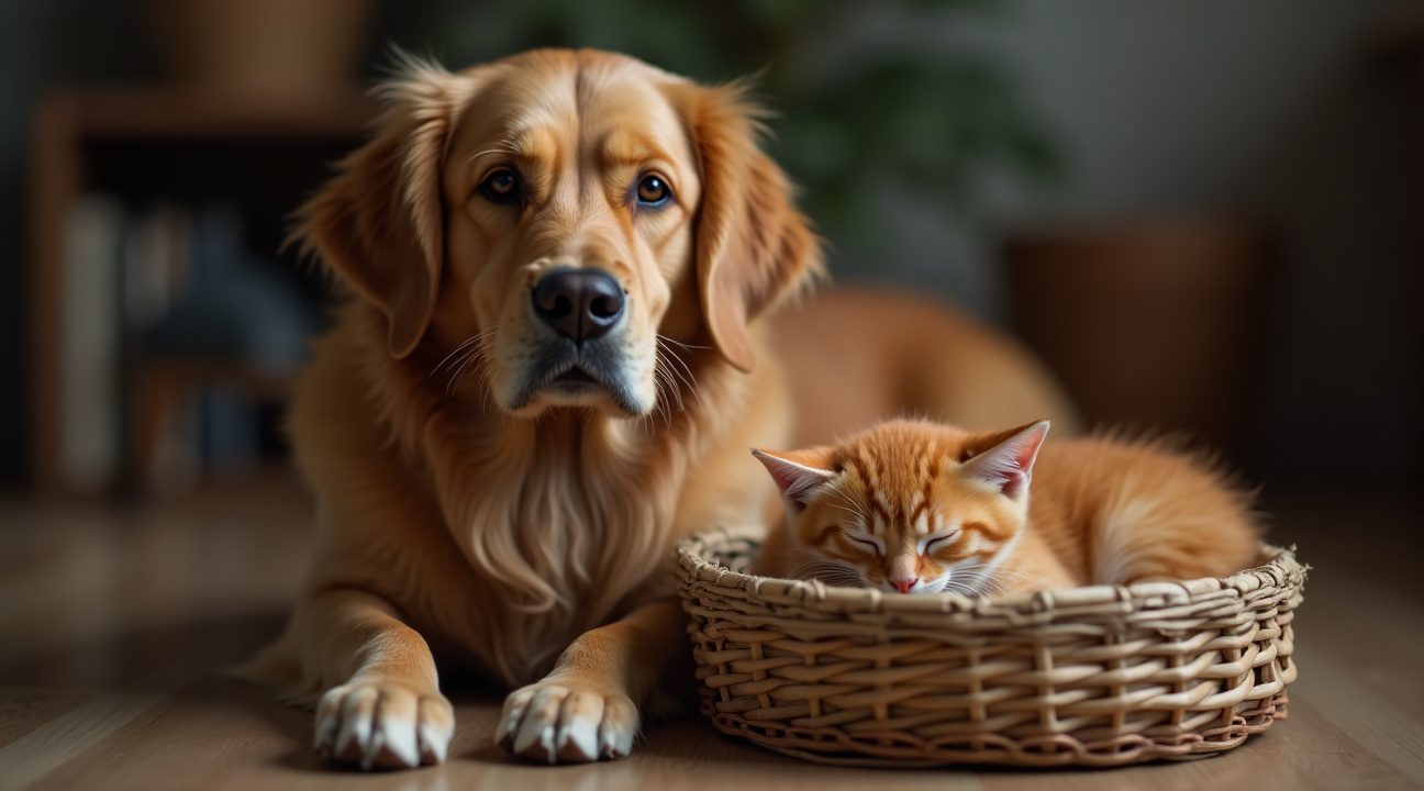 golden retriever is ontdaan als kitten in zijn mandje ligt