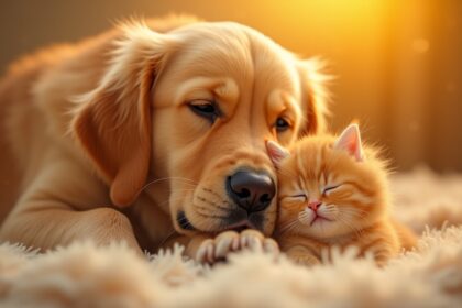 golden retriever redt zwerfkitten en zorgt ervoor alsof het haar eigen puppy is