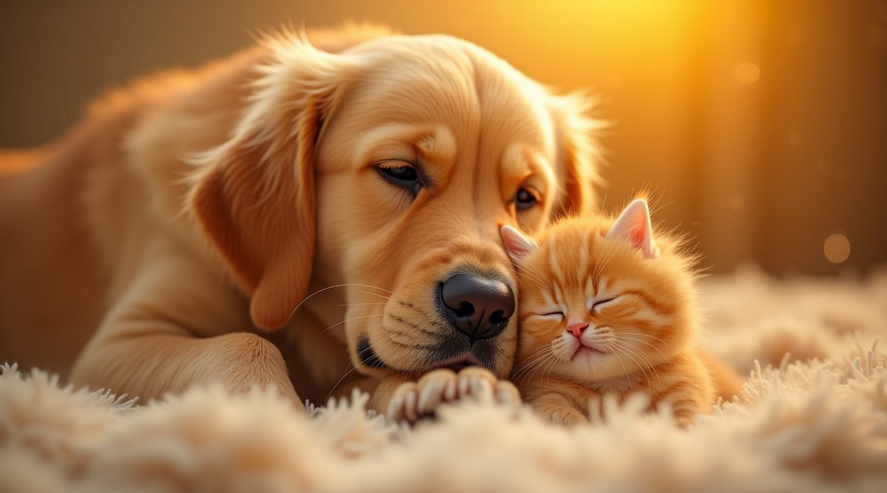 golden retriever redt zwerfkitten en zorgt ervoor alsof het haar eigen puppy is