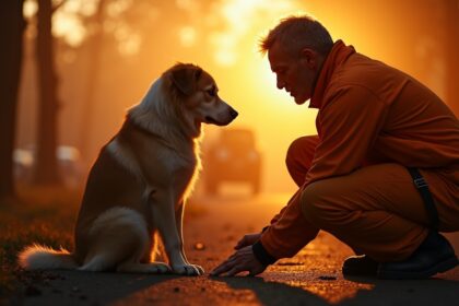 hond weigert baasje te verlaten na dodelijk ongeluk waarna brandweerman hem troost