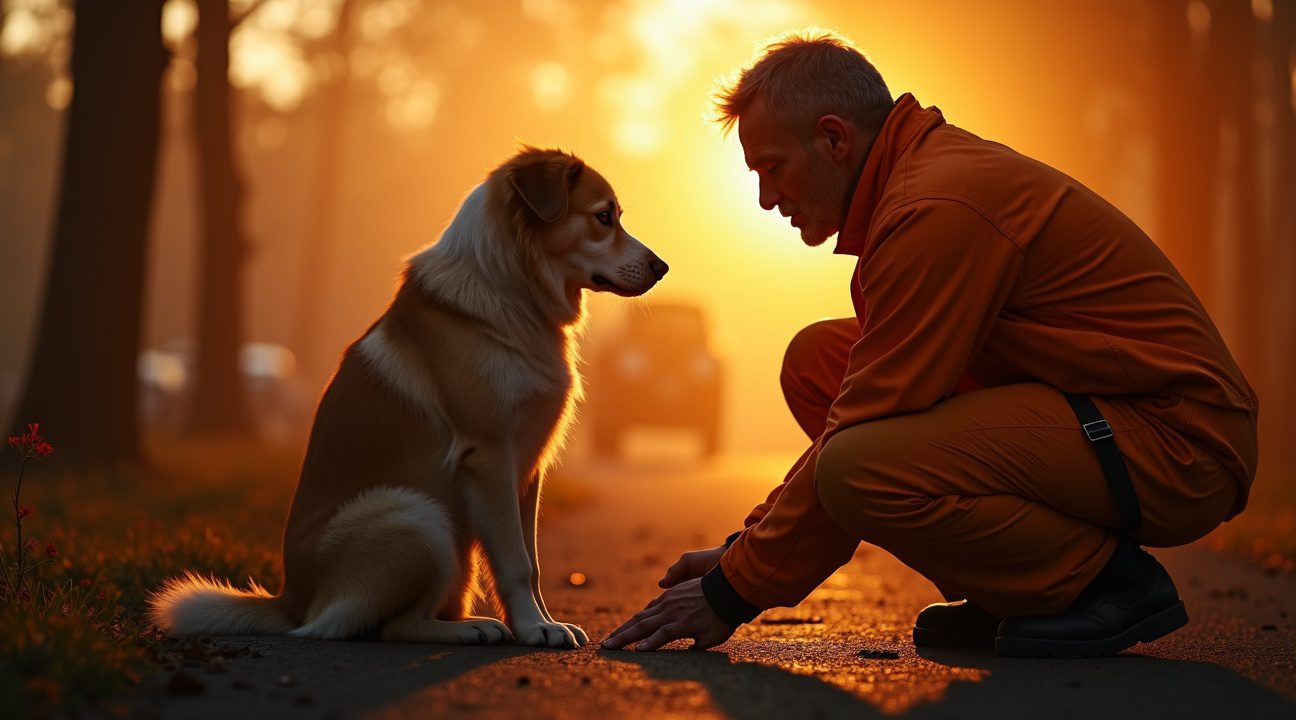 hond weigert baasje te verlaten na dodelijk ongeluk waarna brandweerman hem troost