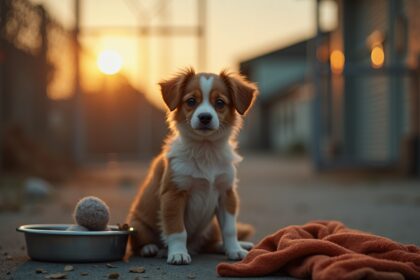 Puppy die achtergelaten wordt in bos met al zijn spullen wacht tot iemand hem ziet