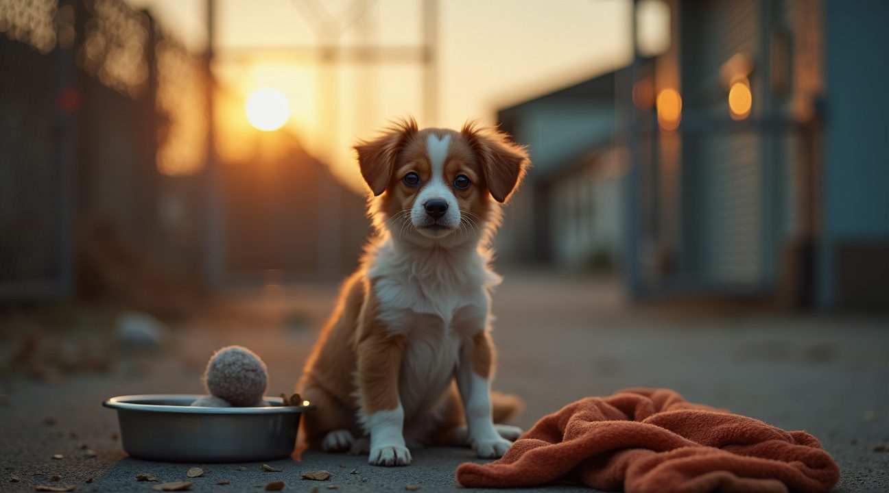 Puppy die achtergelaten wordt in bos met al zijn spullen wacht tot iemand hem ziet
