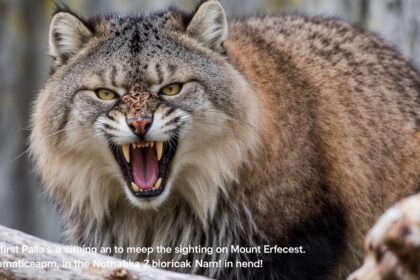 Zeldzame kat aangetroffen op mount everest met uitdrukking van stripfiguur