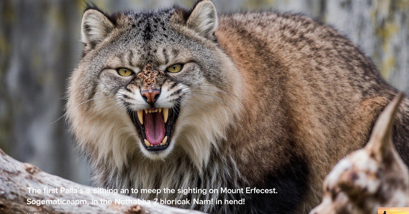 Zeldzame kat aangetroffen op mount everest met uitdrukking van stripfiguur